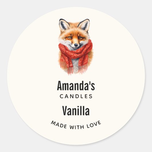 Cute Fox in a Red Scarf Autumn Candle Business Runder Aufkleber (Vorderseite)