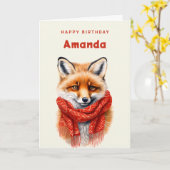 Cute Fox in a Red Scarf Autumn Image Birthday Karte (Gelbe Blume)