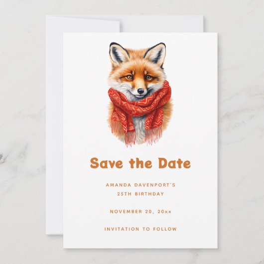 Cute Fox in a Red Scarf Autumn Image Birthday Save The Date (Vorderseite)