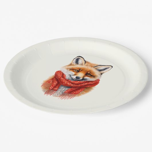 Cute Fox in a Red Scarf Autumn Image Pappteller (Schrägansicht)
