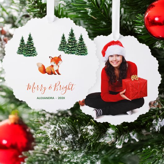 Cute Fox in Winter Woodland Merry and Bright Photo Ornament Karte