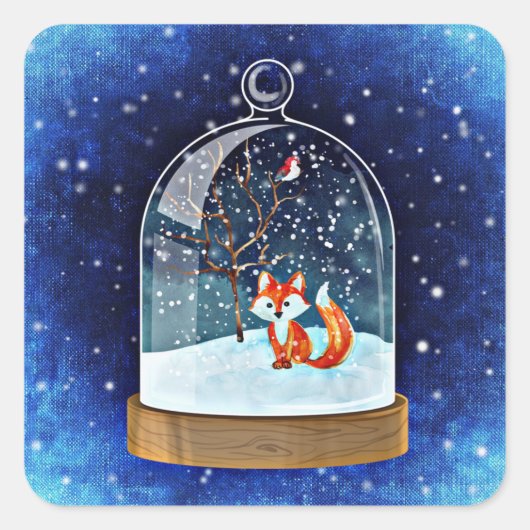 Cute fox inside a snow globe quadratischer aufkleber (Vorderseite)