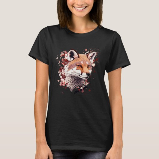 Cute Fox Japanese  Cherry Blossom Flower Artwork T-Shirt (Vorderseite)