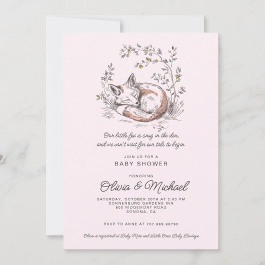 Cute Fox Pink Girl Baby Shower Einladung (Vorderseite)
