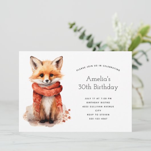 Cute Fox Pup in a Red Scarf Birthday Einladung (Stehend Vorderseite)