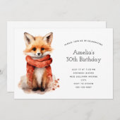 Cute Fox Pup in a Red Scarf Birthday Einladung (Vorne/Hinten)