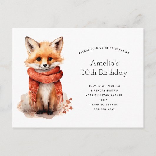 Cute Fox Pup in a Red Scarf Birthday Einladungspostkarte (Vorderseite)