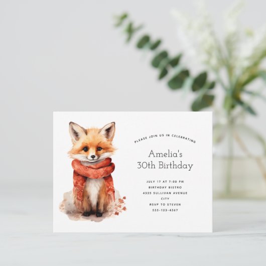 Cute Fox Pup in a Red Scarf Birthday Einladungspostkarte (Stehend Vorderseite)