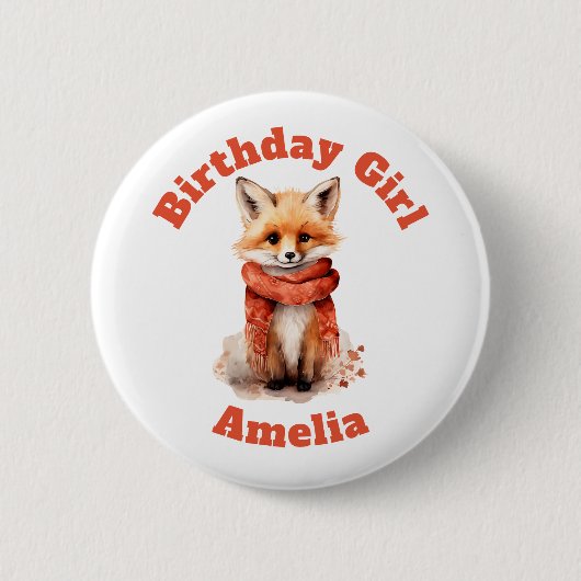 Cute Fox Pup in a Red Scarf Birthday Girl Button (Vorderseite)