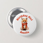 Cute Fox Pup in a Red Scarf Birthday Girl Button (Vorne & Hinten)