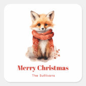 Cute Fox Pup in a Red Scarf Christmas Quadratischer Aufkleber (Vorderseite)