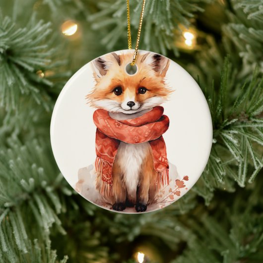Cute Fox Pup in a Red Scarf Keramik Ornament (Baum)