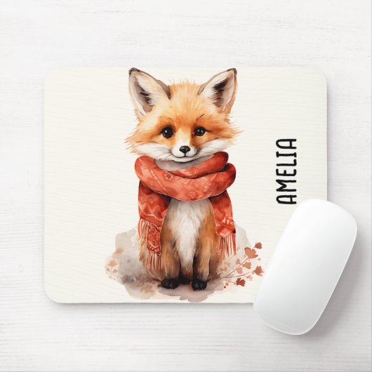 Cute Fox Pup in a Red Scarf Mousepad (Mit Mouse)