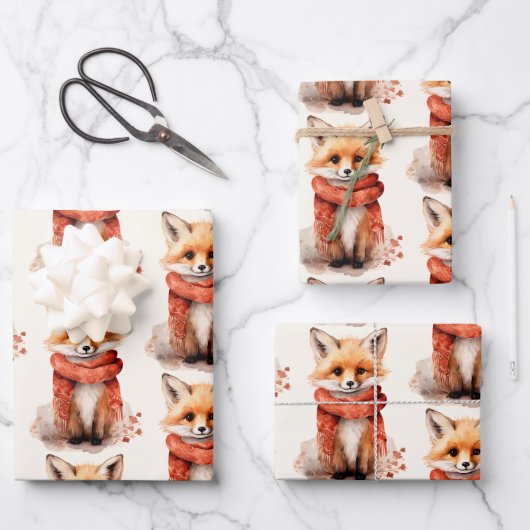 Cute Fox Pup in a Red Scarf Pattern Geschenkpapier Set (Vorderseite)