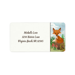 Cute Fox Sitting on Stump Woodland Address Adressaufkleber