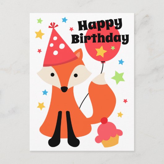Cute fox with balloon cupcake star happy birthday postkarte (Vorderseite)