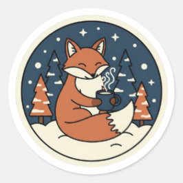 Cute Fox with Cocoa & Starry Winter Sky Runder Aufkleber