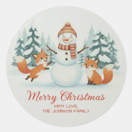 Cute Foxes and Snowman Merry Christmas Runder Aufkleber
