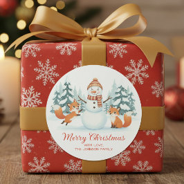 Cute Foxes and Snowman Merry Christmas Runder Aufkleber