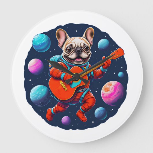 Cute French Bulldog Astronaut Playing Guitar – Fun Große Wanduhr (Vorderseite)