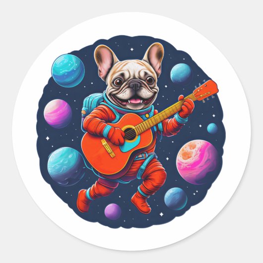 Cute French Bulldog Astronaut Playing Guitar – Fun Runder Aufkleber (Vorderseite)
