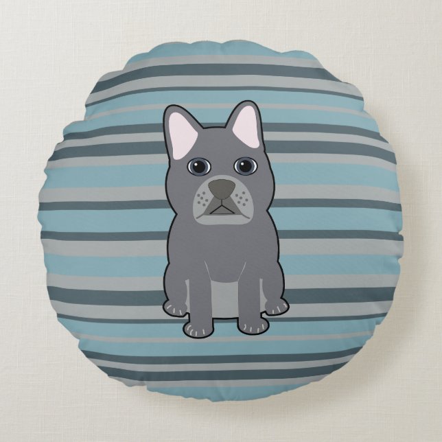 Cute French Bulldog Blue Striped Rundes Kissen (Vorderseite)