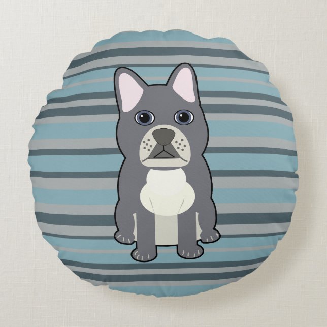 Cute French Bulldog Blue Striped Rundes Kissen (Vorderseite)