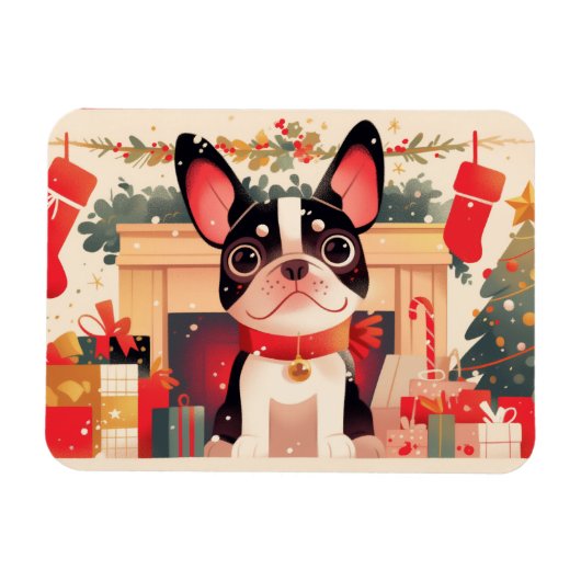 Cute French Bulldog by the Christmas Fireplace Magnet (Horizontal)