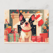 Cute French Bulldog by the Christmas Fireplace Postkarte (Vorderseite)