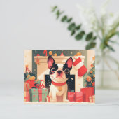 Cute French Bulldog by the Christmas Fireplace Postkarte (Stehend Vorderseite)