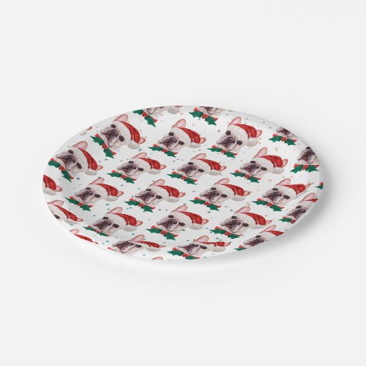 Cute French Bulldog Dog Christmas Pattern Pappteller (Schrägansicht)