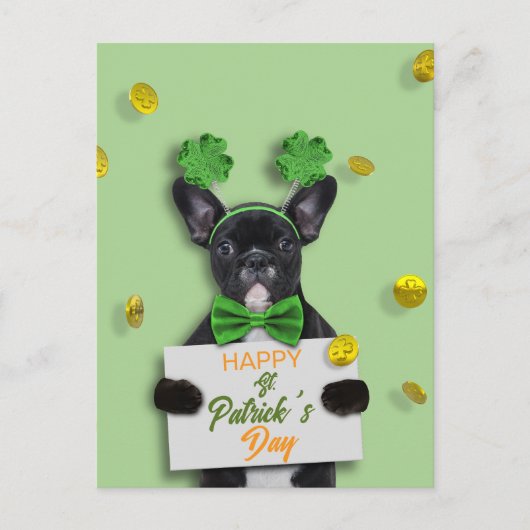 Cute French Bulldog Happy St. Patrick’s Day Clover Postkarte (Vorderseite)