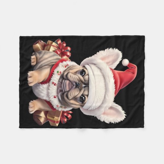 Cute French Bulldog Santa Hat Merry Christmas T Sh Fleecedecke (Vorderseite (Horizontal))