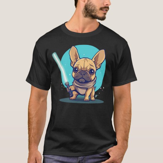 Cute Frenchie Holding Light Laser Saber Sword Dog T-Shirt (Vorderseite)
