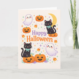 Cute Friendly Cats Ghosts Pumpkins Halloween  Karte