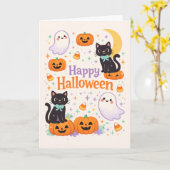 Cute Friendly Cats Ghosts Pumpkins Halloween  Karte (Gelbe Blume)