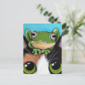 Cute Frog and Tortoiseshell Cat Postcard Postkarte (Stehend Vorderseite)