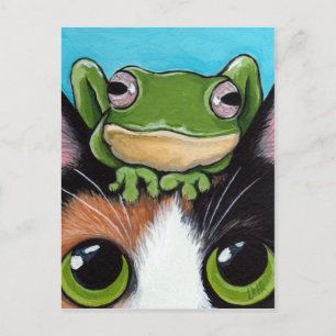 Cute Frog and Tortoiseshell Cat Postcard Postkarte