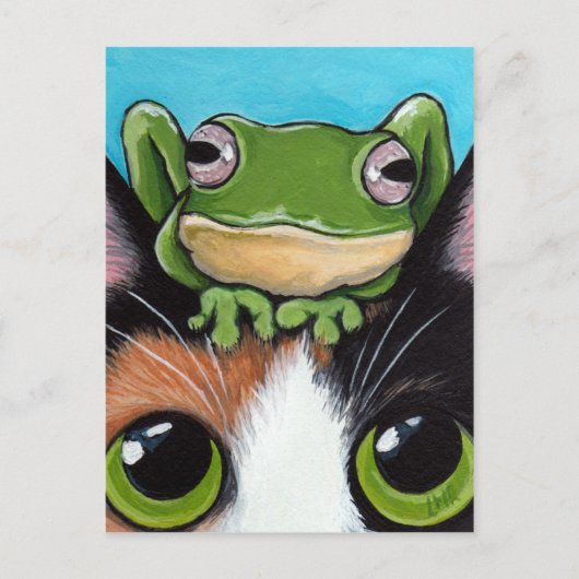 Cute Frog and Tortoiseshell Cat Postcard Postkarte (Vorderseite)