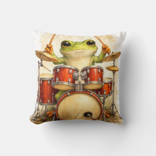Cute Frog Drummer Throw Pillow – Fun Decor Kissen