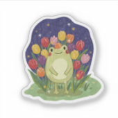 Cute Frog in a Tulip Garden at Night Illustration Aufkleber (Vorderseite)