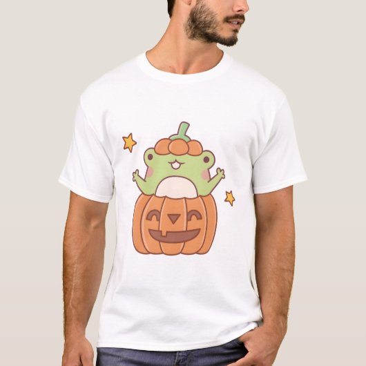 Cute Frog In Carved Pumpkin Halloween T-Shirt (Vorderseite)