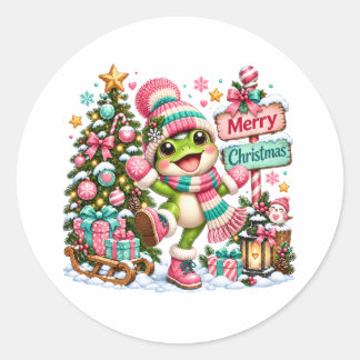Cute Frog Merry Christmas Runder Aufkleber