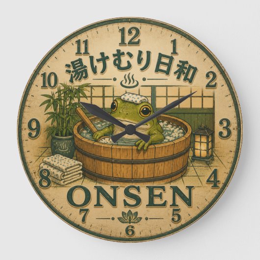 Cute Frog Onsen Große Wanduhr (Vorderseite)