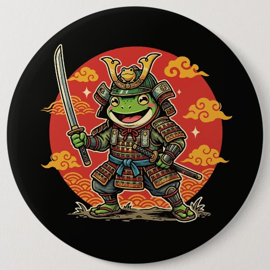Cute Frog Samurai Cartoon Animal Warrior Design Button (Vorderseite)