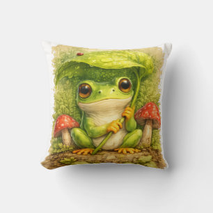 Cute Frog Under Leaf Umbrella Kawaii Woodland Rain Kissen
