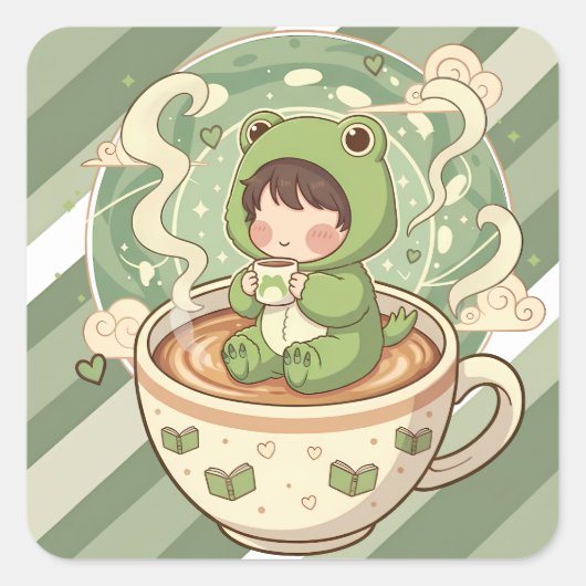 Cute Froggy Coffee Tale Design Quadratischer Aufkleber (Vorderseite)