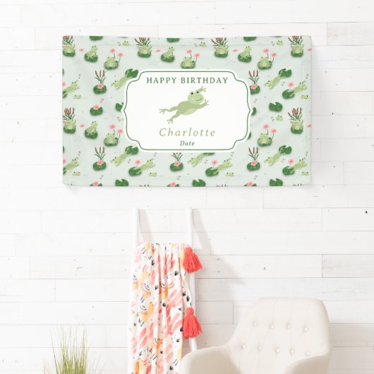 Cute Frogs in Lily Pond Kids Birthday Party Banner (Insitu)