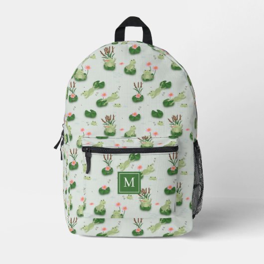Cute Frogs in Lily Pond Monogrammed Initial Bedruckter Rucksack (Vorderseite)