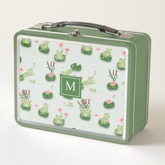 Cute Frogs in Lily Pond Monogrammed Initial Metall Brotdose (Vorderseite)